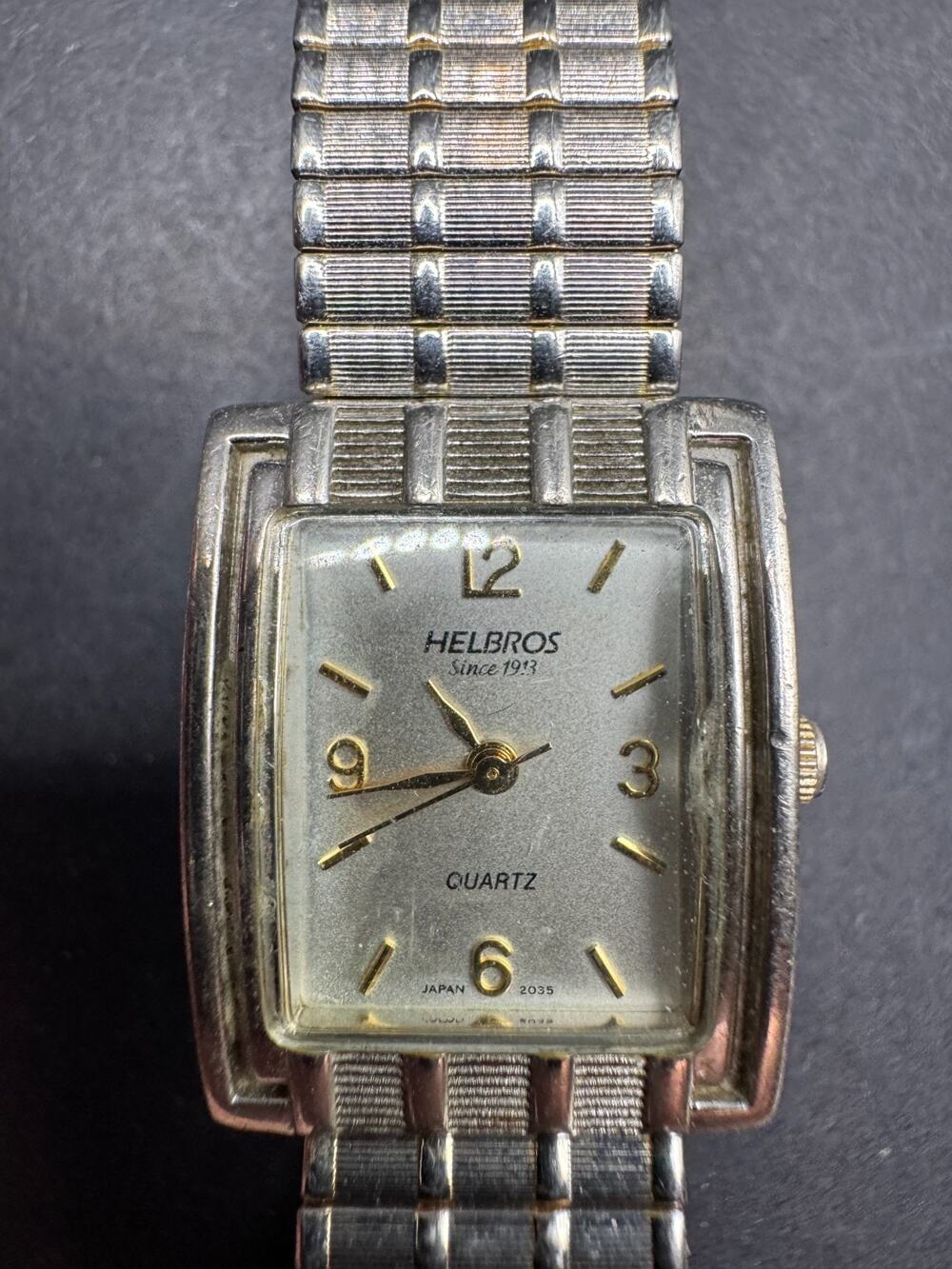 Vintage Helbros Ladies Quartz Silver Tone Tank Watch 377 Stretch Band 21mm